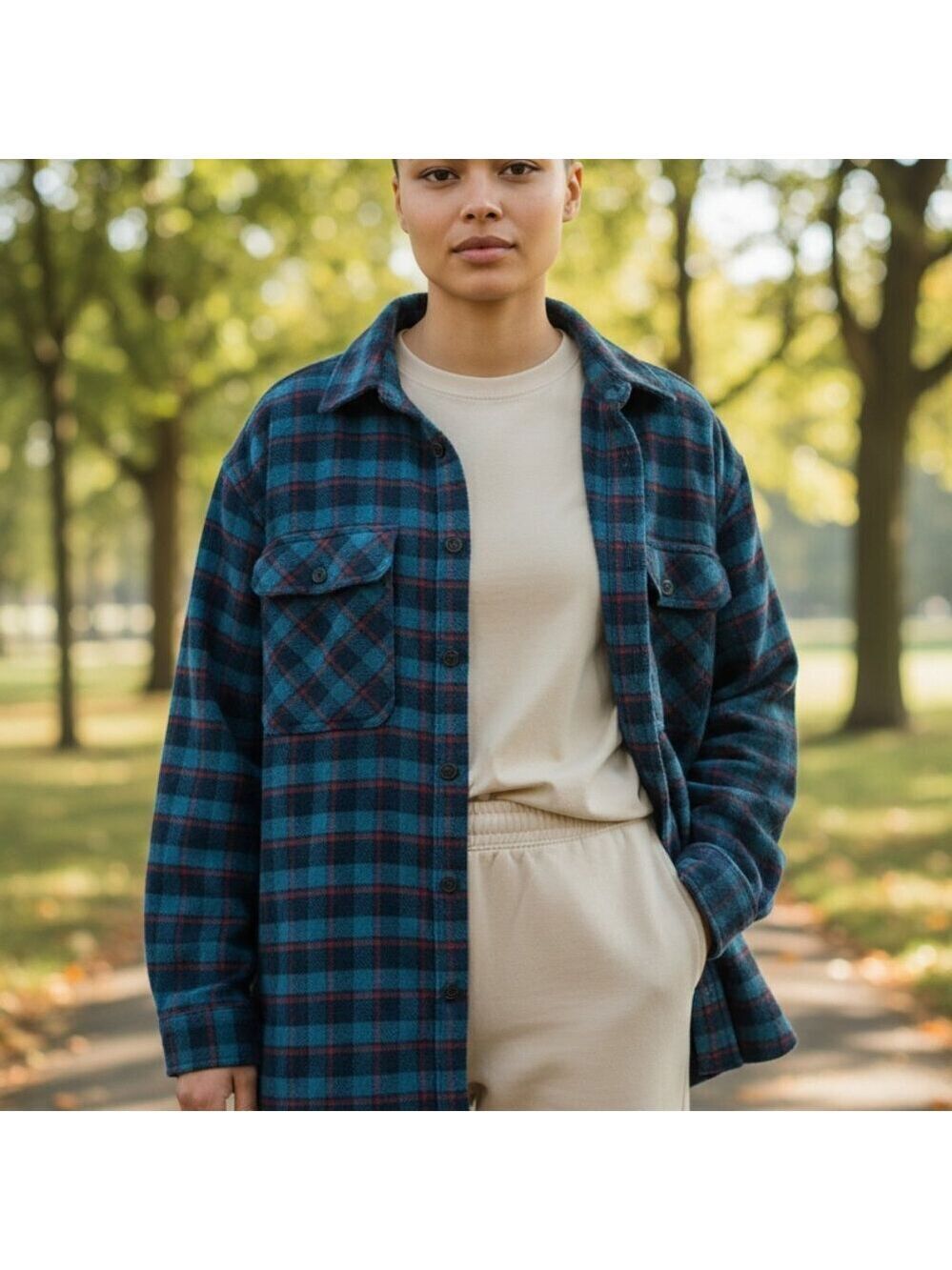 Aritzia TNA Blue & Red Plaid Flannel Faux Fur Lined Shacket Size L